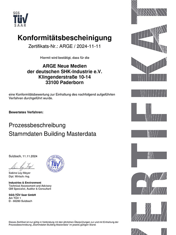 SGS TÜV Saar bestätigt den Prozess der Bereitstellung von DQR-konformen Produktdaten auf Building Masterdata